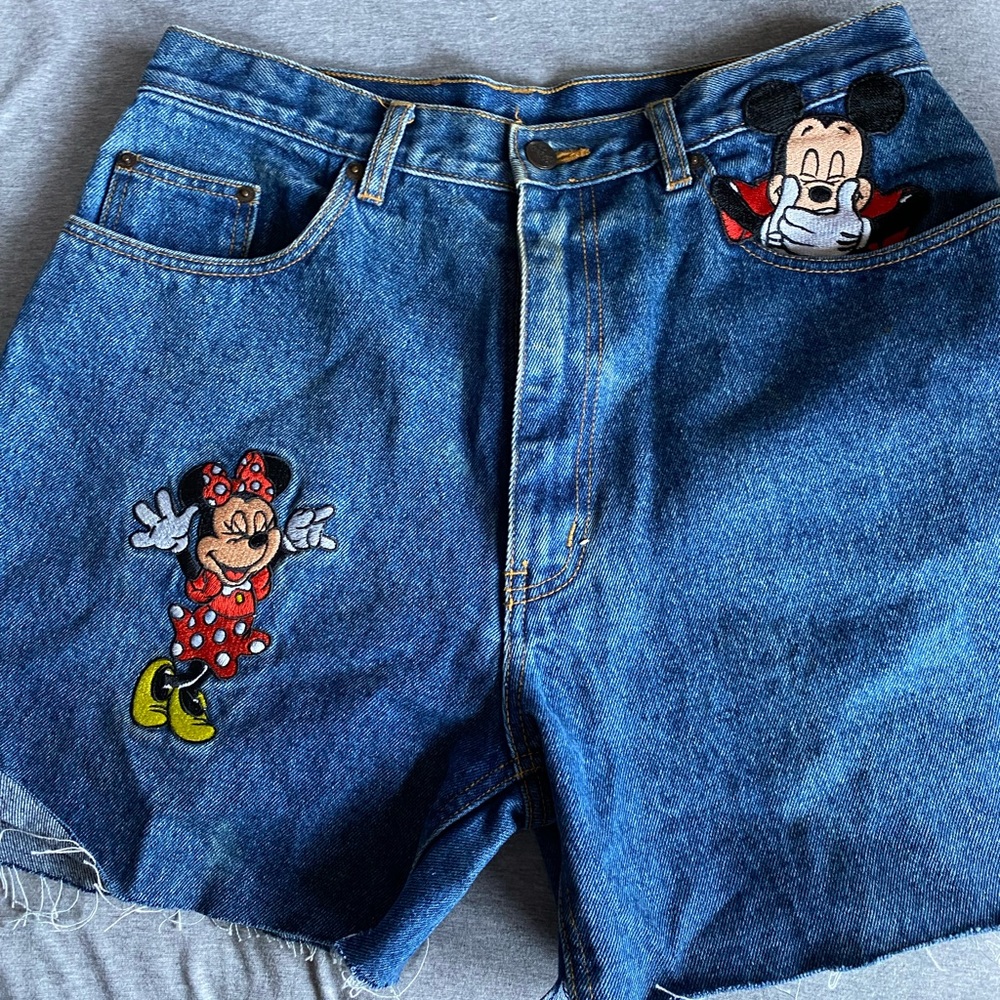 Disney Blue Denim Shorts with Minnie & Mickey Embroidered Patches